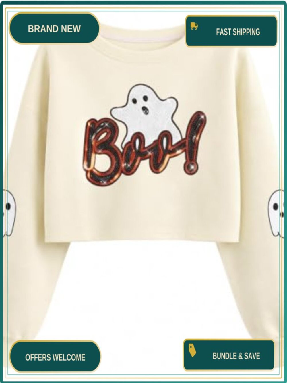 Women's Cropped Sweatshirt Ghost Skull Graphic Pullover Spooky Fall Crewneck